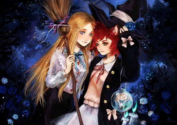 Anime picture 1020x720 with original aikuwo long hair looking at viewer short hair blue eyes blonde hair brown hair standing multiple girls holding green eyes animal ears red hair light smile cat ears night open clothes open jacket night sky