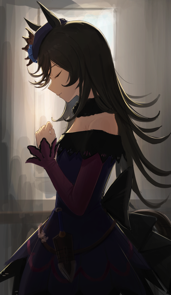 Anime picture 1214x2092 with umamusume rice shower (umamusume) tadano tarako single long hair tall image black hair standing animal ears indoors eyes closed profile horse ears girl dress