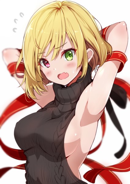 Anime picture 1062x1500 with shironeko project charlotte (shironeko project) fuku kitsune (fuku fox) single tall image looking at viewer blush fringe short hair breasts open mouth light erotic simple background blonde hair hair between eyes large breasts white background green eyes upper body pink eyes