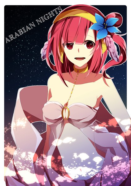 Anime-Bild 720x1020 mit magi the labyrinth of magic a-1 pictures morgiana etoranze single long hair tall image looking at viewer fringe breasts open mouth light erotic smile hair between eyes red eyes standing bare shoulders cleavage upper body red hair