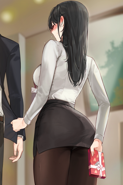 Anime picture 850x1275 with original alraco long hair tall image looking at viewer blush fringe breasts light erotic black hair holding signed ass indoors eyes closed long sleeves profile from behind blurry from below