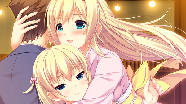Anime picture 1280x720 with natsu koi high pressure hoshina maria hoshina hime sayori long hair looking at viewer open mouth blue eyes blonde hair wide image multiple girls looking away game cg traditional clothes japanese clothes loli hug siblings sisters girl