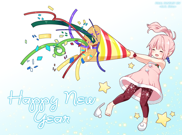 Anime picture 1100x816 with final fantasy final fantasy xiv square enix nami (nyaa) single blush fringe short hair open mouth smile payot pink hair ponytail eyes closed pointy ears copyright name happy new year happy new year girl