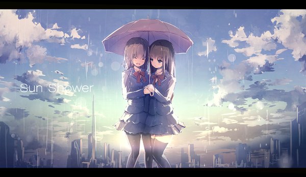 Anime picture 1310x760 with original missle228 long hair blush fringe open mouth blue eyes smile brown hair wide image standing multiple girls holding sky cloud (clouds) outdoors eyes closed :d pleated skirt sunlight