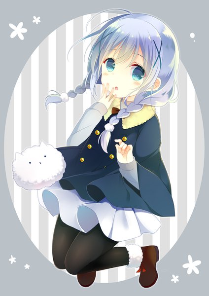 Anime picture 1000x1414 with gochuumon wa usagi desu ka? white fox kafuu chino tippy (gochiusa) shiiba nae single long hair tall image looking at viewer blush purple hair full body braid (braids) aqua eyes :o twin braids hand to mouth girl animal pantyhose