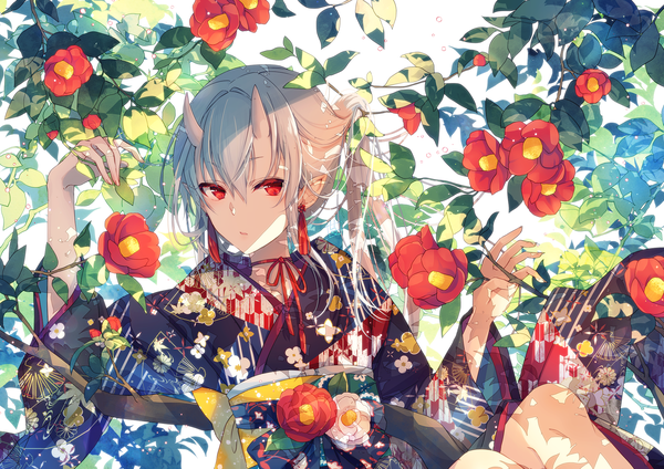 Anime picture 2047x1447 with original goma (11zihisin) single long hair looking at viewer fringe highres hair between eyes red eyes sitting silver hair traditional clothes japanese clothes horn (horns) pointy ears wide sleeves floral print oni horns oni girl