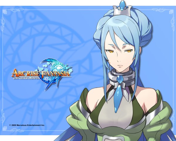 Anime picture 1280x1024 with arc rise fantasia single long hair looking at viewer simple background bare shoulders yellow eyes blue hair inscription girl detached sleeves