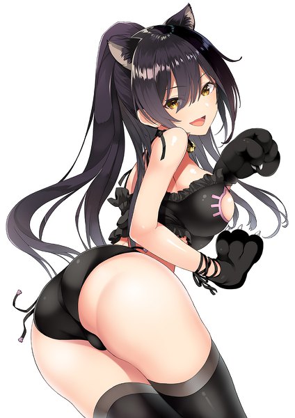 Anime picture 848x1200 with idolmaster idolmaster shiny colors shirase sakuya inuzumi masaki single long hair tall image looking at viewer blush fringe breasts open mouth light erotic black hair simple background smile hair between eyes large breasts standing white background