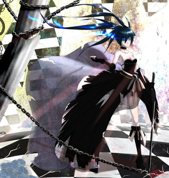 Anime picture 3693x3884 with black rock shooter black rock shooter (character) single long hair tall image looking at viewer highres blue eyes black hair twintails absurdres glowing glowing eye (eyes) checkered floor girl dress gloves sword choker elbow gloves
