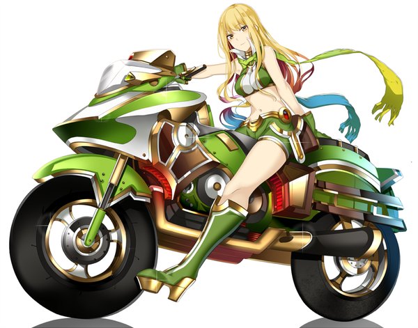 Anime picture 1000x785 with original koko shiguma single long hair fringe breasts simple background blonde hair white background sitting bare shoulders brown eyes bare belly shadow girl navel shorts scarf knee boots motorcycle