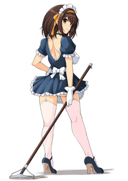 Anime picture 848x1200 with suzumiya haruhi no yuutsu kyoto animation suzumiya haruhi haruhisky single tall image looking at viewer blush fringe short hair breasts light erotic simple background smile brown hair standing white background holding brown eyes full body