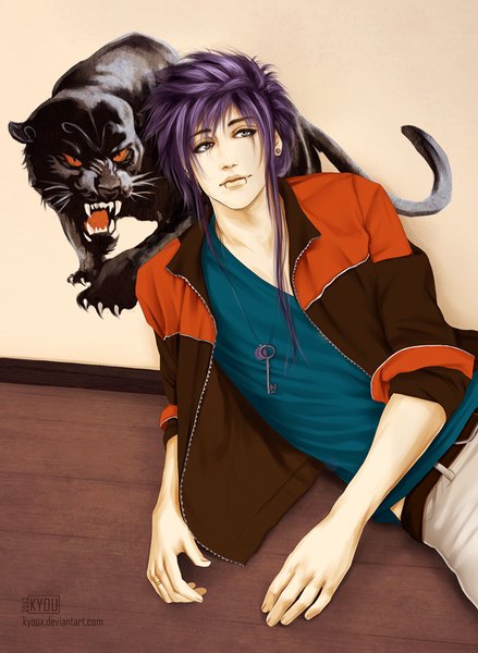 Anime picture 731x1000 with original kyoux (artist) long hair tall image short hair looking away open clothes open jacket teeth grey eyes fang (fangs) grin looking up reclining angry twisty sleeves graffiti boy earrings animal