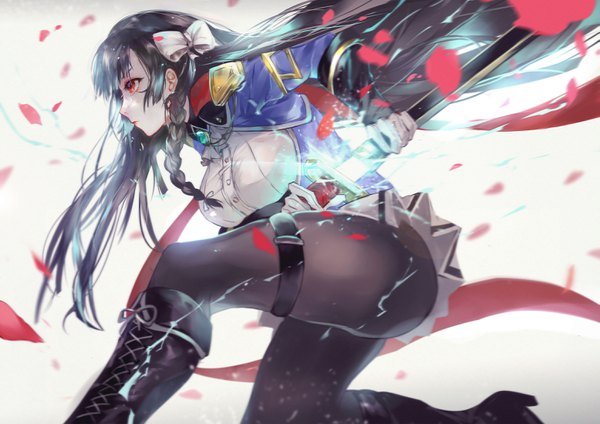 Anime picture 3111x2200 with epic seven karin fantaria vardan single long hair fringe highres light erotic black hair red eyes holding looking away absurdres bent knee (knees) ass braid (braids) profile leaning kneeling floating hair