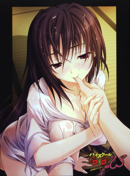 Anime picture 3187x4306 with highschool dxd himejima akeno miyama zero single long hair tall image blush highres breasts light erotic red eyes brown hair holding absurdres official art wet mouth hold wet shirt girl shirt