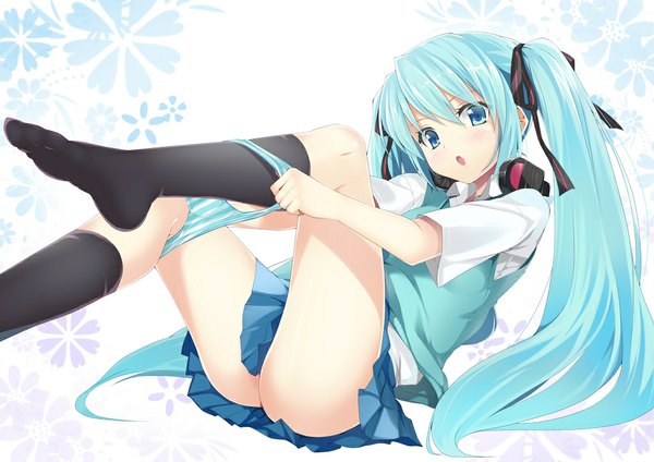 Anime picture 1023x723 with vocaloid hatsune miku gintarou (kurousagi108) single light erotic twintails very long hair aqua eyes aqua hair panty pull girl skirt ribbon (ribbons) hair ribbon miniskirt shirt socks headphones black socks