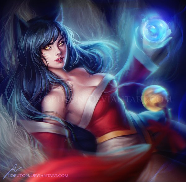 Anime picture 900x885 with league of legends ahri (league of legends) loputon single long hair looking at viewer fringe breasts bare shoulders animal ears yellow eyes blue hair tail animal tail lips realistic fox ears magic facial mark fox tail