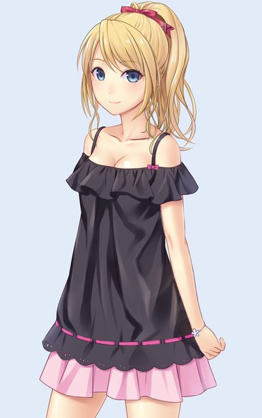 Anime picture 1200x1910 with n.g. single long hair tall image looking at viewer blue eyes simple background blonde hair bare shoulders ponytail girl dress bow hair bow