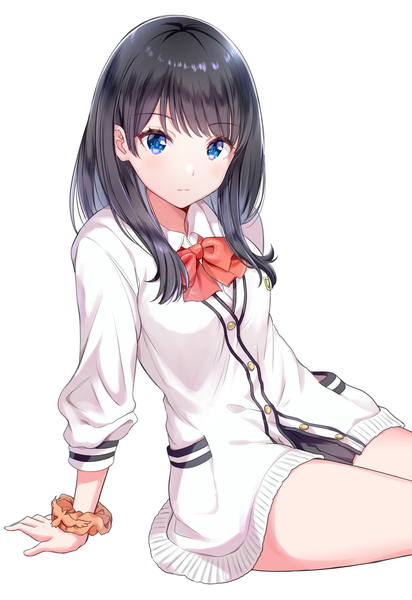 Anime picture 1161x1691 with gridman universe ssss.gridman studio trigger takarada rikka yatomi single long hair tall image looking at viewer blush fringe blue eyes black hair simple background white background sitting pleated skirt arm support bare legs wrist scrunchie