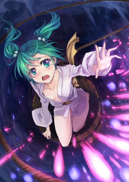 Anime picture 868x1226 with touhou kisume ks single long hair tall image looking at viewer blush highres breasts open mouth light erotic twintails green eyes green hair tears outstretched arm magic outstretched hand falling