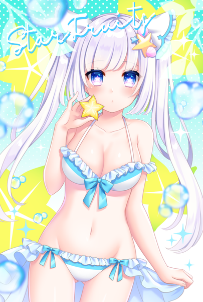 Anime picture 676x1000 with original stardrop single long hair tall image looking at viewer blush fringe breasts blue eyes light erotic simple background standing twintails bare shoulders holding animal ears payot silver hair blunt bangs