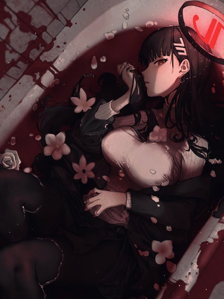 Anime-Bild 3000x4000 mit blue archive rio (blue archive) gen (hirokaz02) single long hair tall image looking at viewer highres breasts black hair red eyes profile from above partially submerged holding hair girl hair ornament flower (flowers) pantyhose black pantyhose
