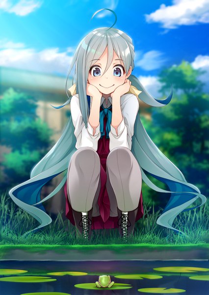 Anime picture 710x1000 with kantai collection kiyoshimo destroyer mofu namako single tall image blush fringe blue eyes smile hair between eyes twintails sky ahoge outdoors long sleeves very long hair grey hair blurry depth of field low twintails