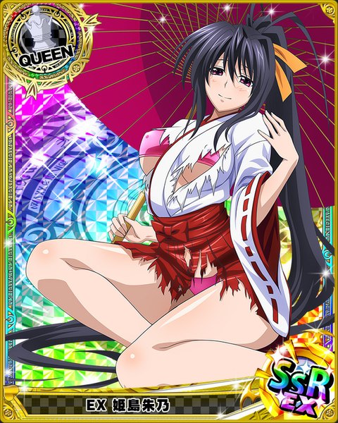 Anime picture 640x800 with highschool dxd himejima akeno single tall image looking at viewer blush light erotic black hair purple eyes ponytail very long hair traditional clothes japanese clothes torn clothes card (medium) miko girl skirt swimsuit bikini