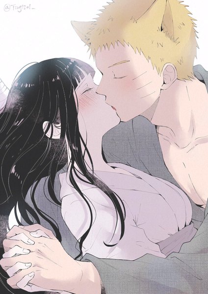 Anime picture 848x1199 with naruto studio pierrot naruto (series) uzumaki naruto hyuuga hinata ting long hair tall image blush fringe short hair breasts black hair simple background blonde hair large breasts white background signed animal ears upper body