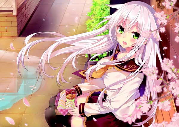 Anime picture 1665x1181 with original anceril sacred mishima kurone single long hair looking at viewer blush fringe open mouth smile sitting green eyes silver hair outdoors from above cherry blossoms spring girl thighhighs dress