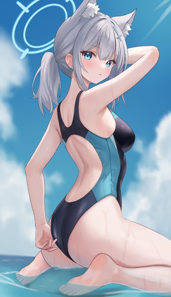Anime-Bild 1843x3184 mit blue archive shiroko (blue archive) shiroko (swimsuit) (blue archive) fanteam single long hair tall image looking at viewer blush highres blue eyes light erotic sitting animal ears sky silver hair cloud (clouds) ass ponytail wet