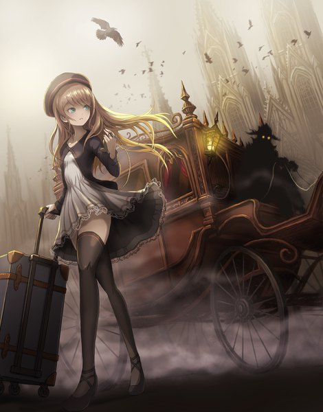 Anime picture 900x1148 with original ume (illegal bible) long hair tall image fringe blonde hair sitting holding yellow eyes looking away aqua eyes walking ghost architecture fog girl thighhighs skirt black thighhighs animal