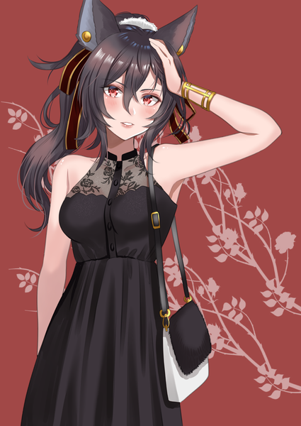 Anime picture 2508x3541 with granblue fantasy ilsa (granblue fantasy) myusha single long hair tall image looking at viewer blush highres breasts black hair red eyes standing bare shoulders animal ears ponytail parted lips arm up lips armpit (armpits)
