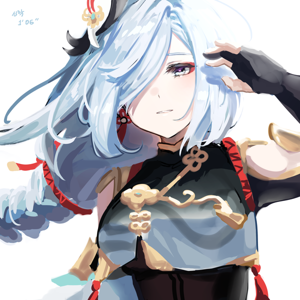 Anime picture 1500x1500 with genshin impact shenhe (genshin impact) sp0i0ppp single long hair looking at viewer fringe simple background white background silver hair upper body braid (braids) traditional clothes hair over one eye single braid chinese clothes silver eyes girl
