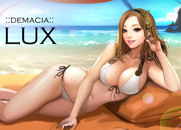 Anime picture 4846x3508 with league of legends lux (league of legends) ake (cherrylich) single long hair looking at viewer highres breasts blue eyes light erotic smile brown hair absurdres cloud (clouds) beach girl navel hair ornament swimsuit bikini
