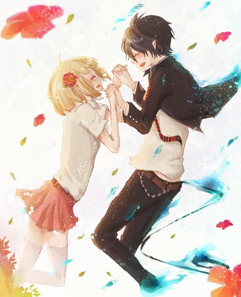 Anime picture 649x800 with ao no exorcist a-1 pictures okumura rin moriyama shiemi mana (artist) tall image blush fringe short hair open mouth black hair blonde hair smile hair between eyes white background ahoge bent knee (knees) tail eyes closed profile