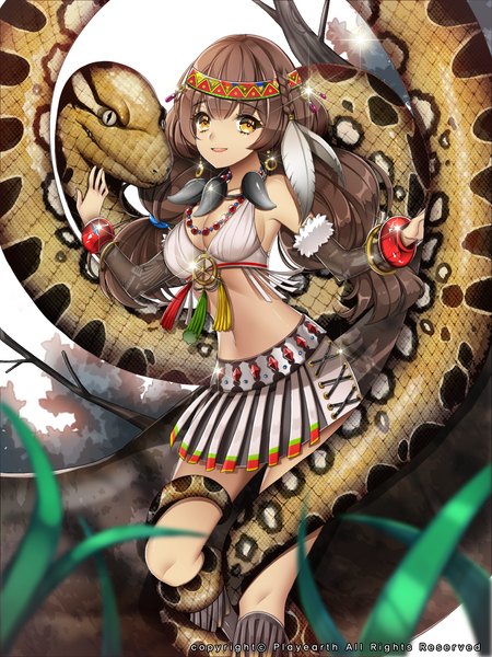 Anime picture 1500x2000 with kaizin rumble original primcoco (jooarose) single long hair tall image looking at viewer open mouth brown hair yellow eyes midriff girl skirt hair ornament animal bracelet snake