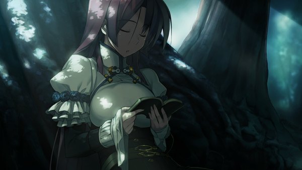 Anime picture 1024x576 with full metal daemon muramasa nitroplus ootori kanae single long hair breasts wide image large breasts pink hair eyes closed night girl dress plant (plants) tree (trees) book (books) forest