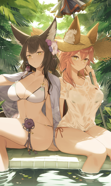 Anime picture 1500x2500 with fate (series) blue archive tamamo (fate) (all) tamamo no mae (swimsuit lancer) (fate) wakamo (blue archive) wakamo (swimsuit) (blue archive) fumafu long hair tall image looking at viewer breasts light erotic brown hair large breasts sitting multiple girls animal ears yellow eyes pink hair outdoors