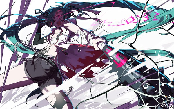 Anime picture 2000x1250 with vocaloid hatsune miku qys3 single looking at viewer highres open mouth light erotic twintails very long hair pink eyes aqua hair tattoo torn clothes glowing glowing eye (eyes) girl thighhighs shorts belt