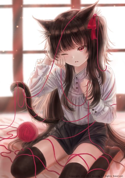 Anime picture 762x1084 with original hou no ka single long hair tall image blush fringe open mouth red eyes brown hair sitting animal ears payot indoors tail blunt bangs animal tail one eye closed cat ears cat girl