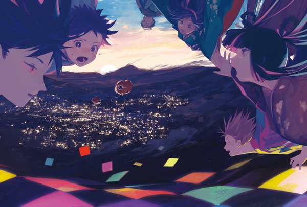 Anime picture 1748x1181 with original takeji looking at viewer blush highres short hair open mouth black hair brown hair multiple girls looking away pink hair sky purple hair eyes closed sunlight multiple boys outstretched arm city floral print