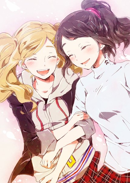 Anime picture 713x1000 with persona 5 persona takamaki anne suzui shiho rishi (kurou) long hair tall image blush open mouth blonde hair brown hair twintails multiple girls upper body ponytail eyes closed teeth ^ ^ ^o^ arm hug