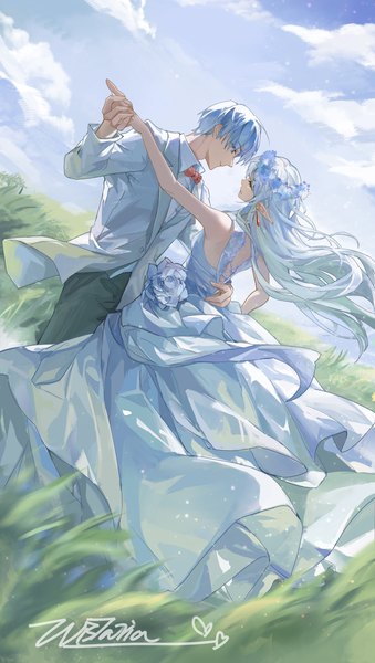 Anime picture 2515x4448 with sousou no frieren frieren himmel (sousou no frieren) wistariaiai long hair tall image highres short hair blue hair sky silver hair cloud (clouds) eyes closed profile pointy ears elf dancing girl dress boy