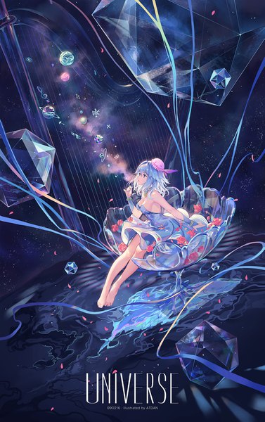 Anime picture 1299x2066 with vocaloid synthesizer v haiyi atdan single tall image fringe short hair breasts blue eyes hair between eyes sitting bare shoulders signed blue hair looking away full body barefoot inscription bare legs