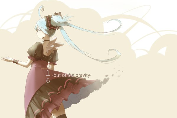 Anime picture 1300x872 with vocaloid hatsune miku uka (artist) single long hair twintails looking away ahoge profile aqua eyes wind aqua hair girl thighhighs dress black thighhighs wings