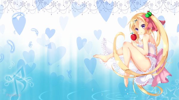 Anime picture 1920x1080 with original parade star single blush highres light erotic blonde hair wide image purple eyes signed bent knee (knees) very long hair barefoot :o side ponytail girl dress hair ornament bow hair bow