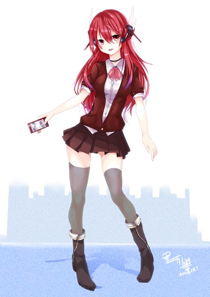 Anime-Bild 1358x1920 mit original khibiki (brequiem) single long hair tall image looking at viewer blush fringe breasts open mouth light erotic hair between eyes standing holding signed full body red hair pleated skirt pink eyes short sleeves