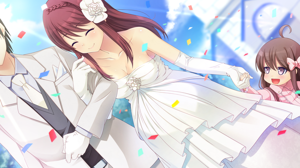 Anime picture 2560x1440 with kanojo step kano shiina long hair blush highres smile brown hair wide image bare shoulders game cg eyes closed hair flower girl dress boy gloves hair ornament flower (flowers) elbow gloves white gloves