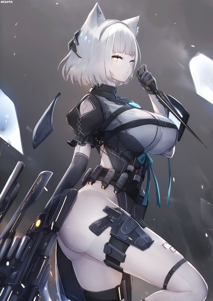 Anime picture 1158x1638 with original nekoya (liu) single tall image looking at viewer fringe short hair breasts blue eyes light erotic simple background large breasts standing holding signed animal ears yellow eyes silver hair bent knee (knees) blunt bangs