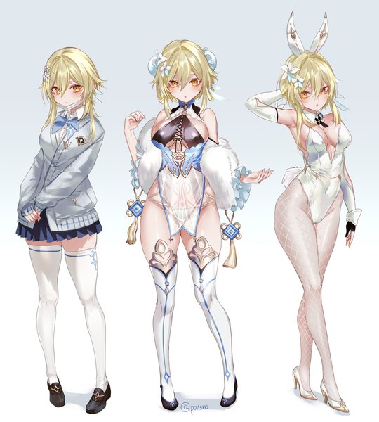 Anime picture 3600x4000 with genshin impact lumine (genshin impact) pottsness long hair tall image looking at viewer blush fringe highres short hair breasts open mouth light erotic simple background blonde hair large breasts standing signed animal ears yellow eyes